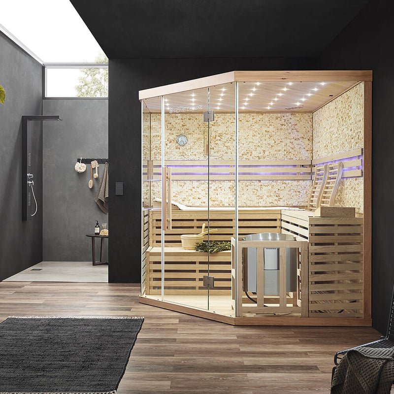 Gartana SKYLINE BIG XL Traditionelle Sauna Kunststeinwand LED Hemlock-Holz
