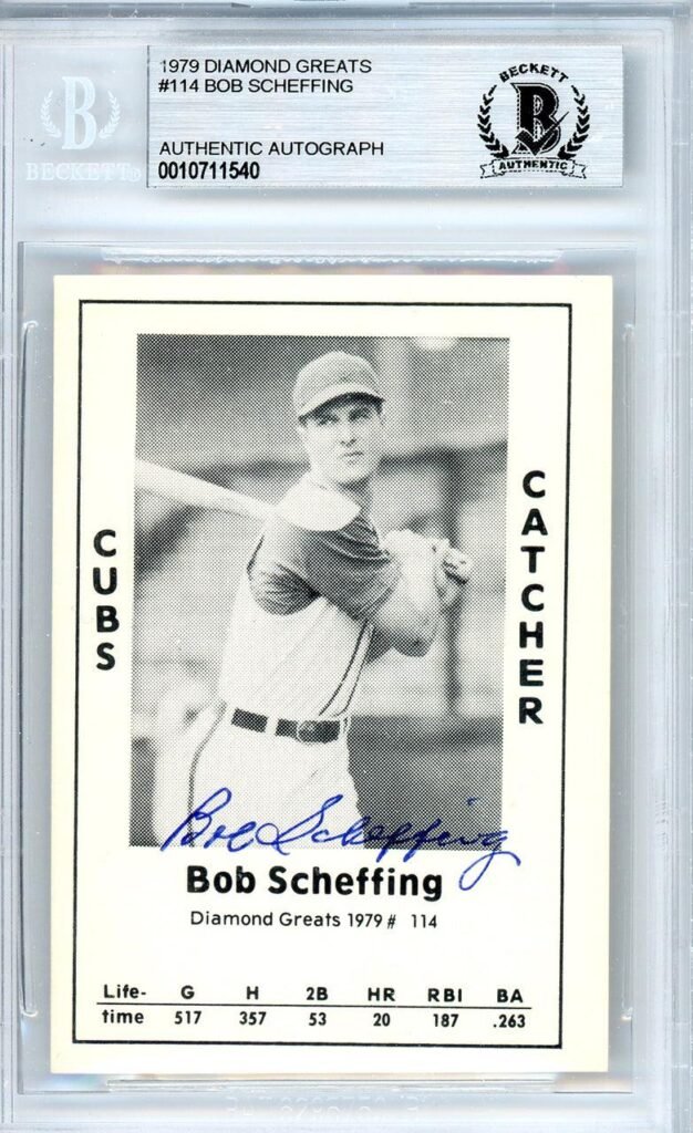 Bob Scheffing Autographed 1979 Diamond Greats Card #114 Chicago Cubs Beckett BAS #10711540