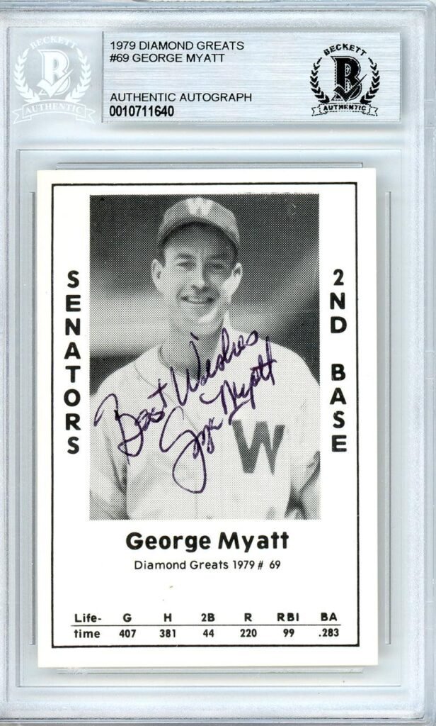 George Myatt Autographed 1979 Diamond Greats Card #69 Washington Senators Beckett BAS #10711640