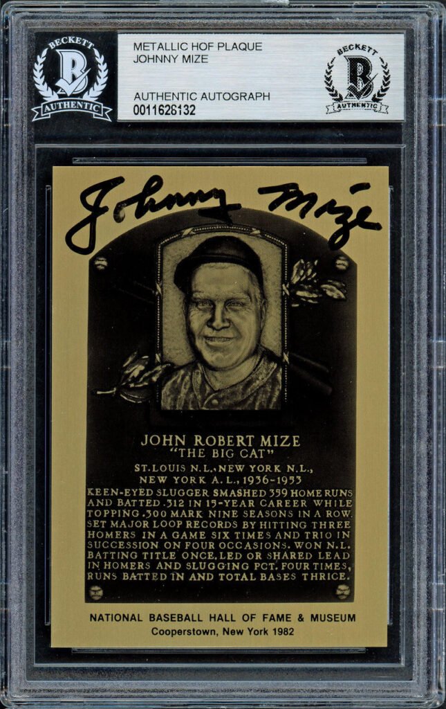 Johnny Mize Autographed 1982 Metallic HOF Plaque Card New York Yankees Beckett BAS #11628132