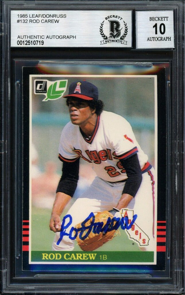 Rod Carew Autographed 1985 Leaf Card #132 California Angels Auto Grade 10 Beckett BAS #12510719