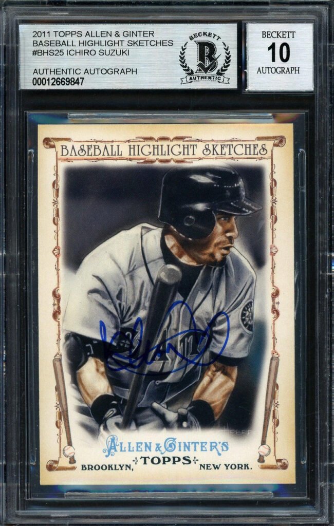 Ichiro Suzuki Autographed 2011 Topps Allen & Ginter Highlight Sketches Card #BHS-25 Seattle Mariners Auto Grade 10 Beckett BAS #12669847